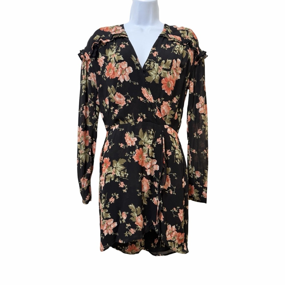 Reformation Elodie Floral Ruffle Faux Wrap Mini Dress Size 0 Black‎ Dark Cottage